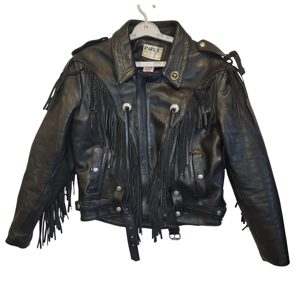 Park V Vintage Black Leather Fringe Biker Jacket Mens 42 Made in USABiker Rocker - Picture 1 of 10